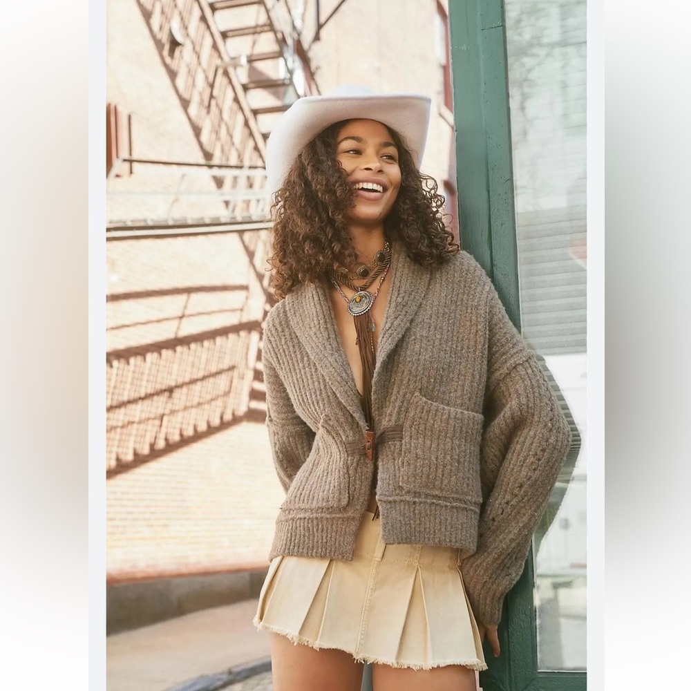 Tribal Taupe Ribbed Shawl-Collar Cardigan